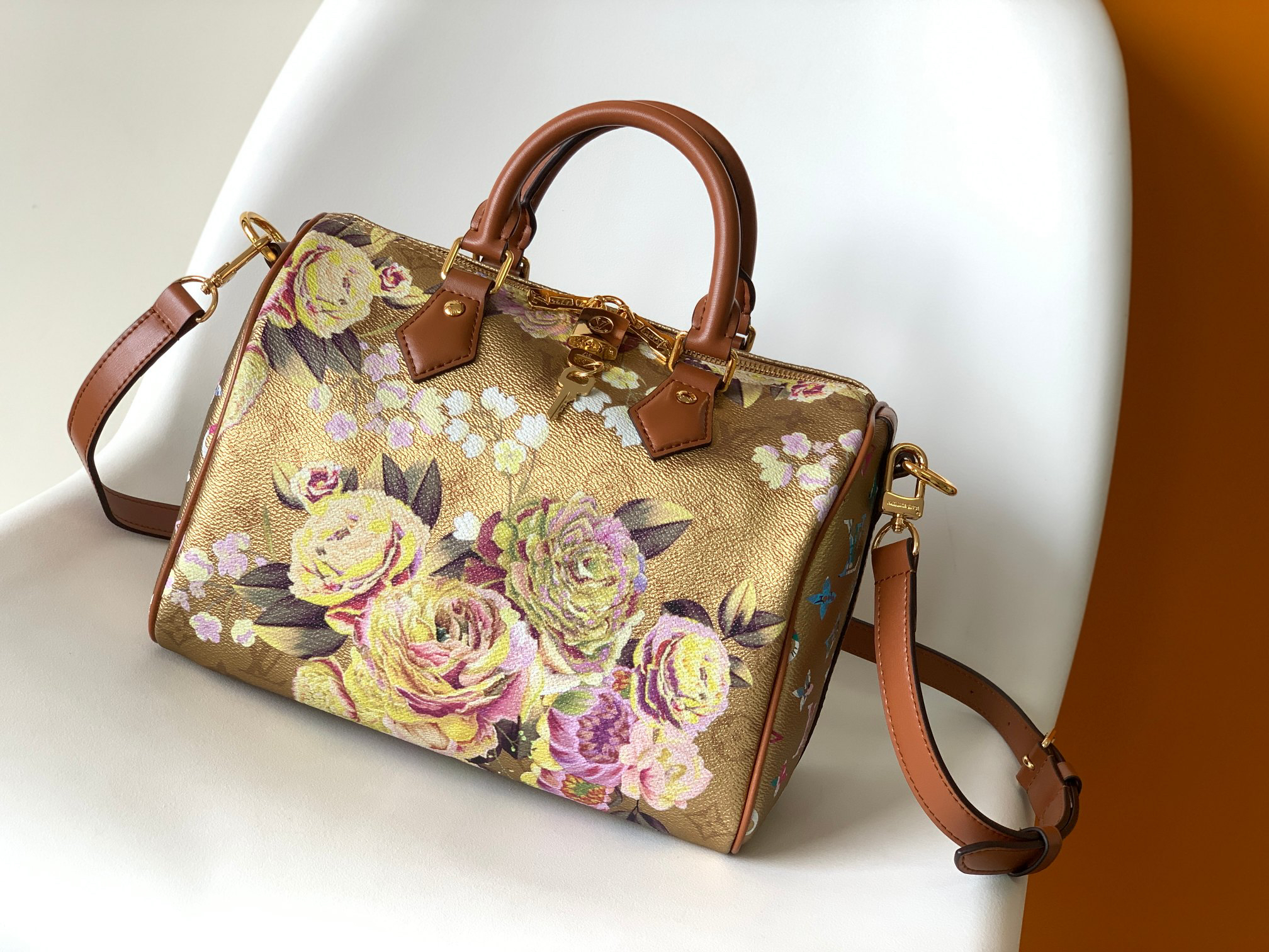 Bagsaaa L0vis Vvtt0n Gold Canvas Garden Flowers Speedy 25cm