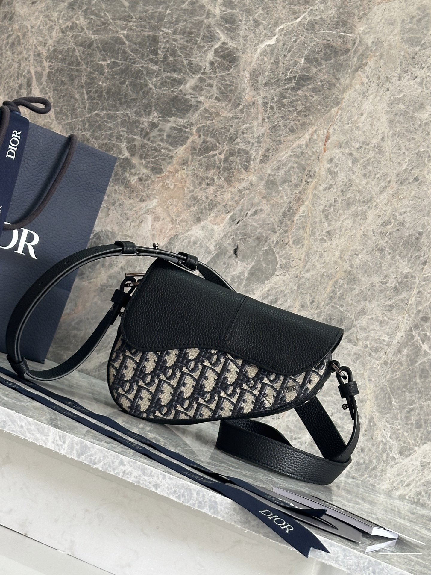 Bagsaaa D10r Mini Saddle Bag Beige and Black D10r Oblique Jacquard with Black Grained Calfskin - 19.5cm