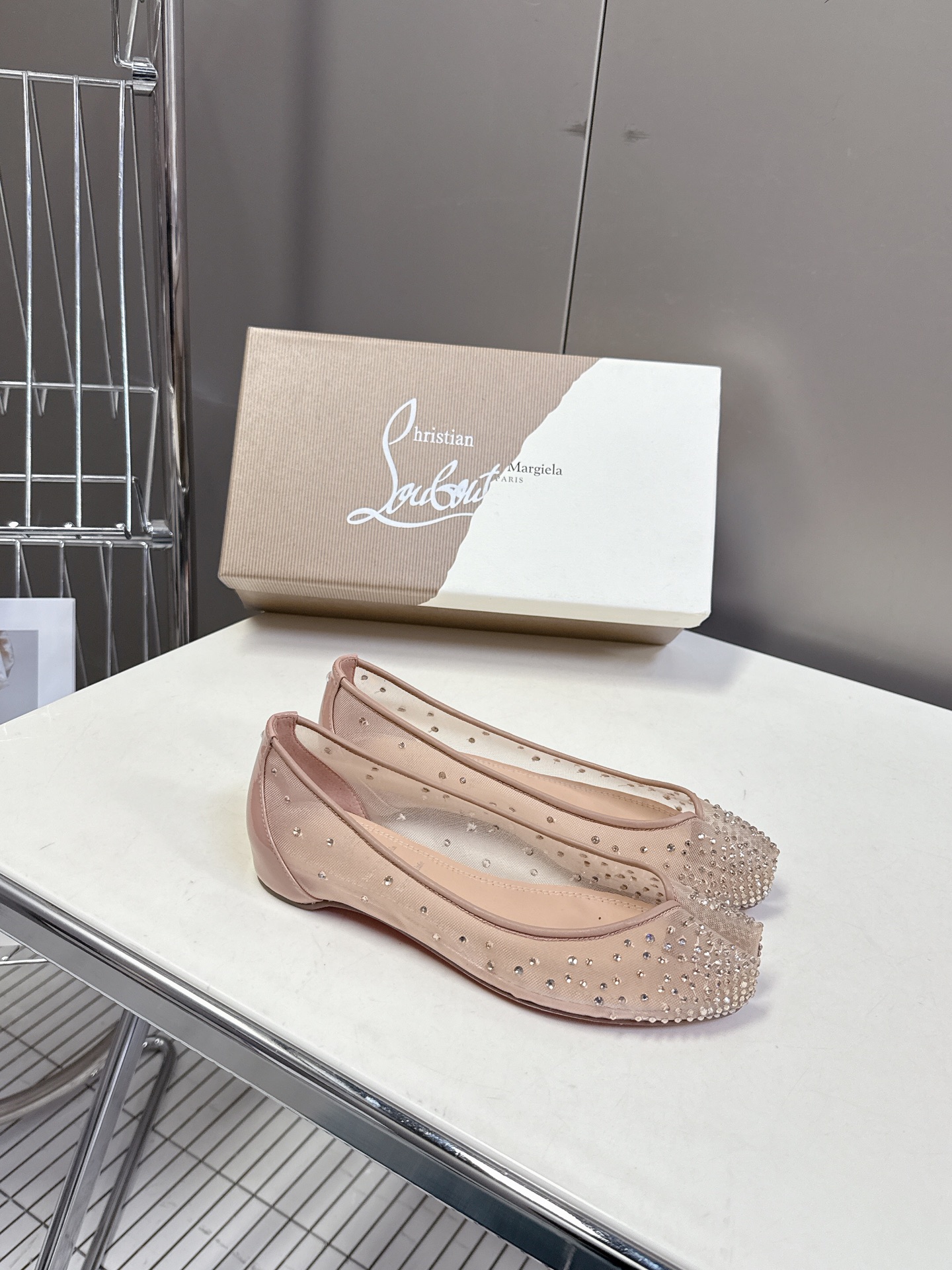 Bagsaaa CL Marlougiela Strass Ballerinas - Strass mesh and patent calf leather nude