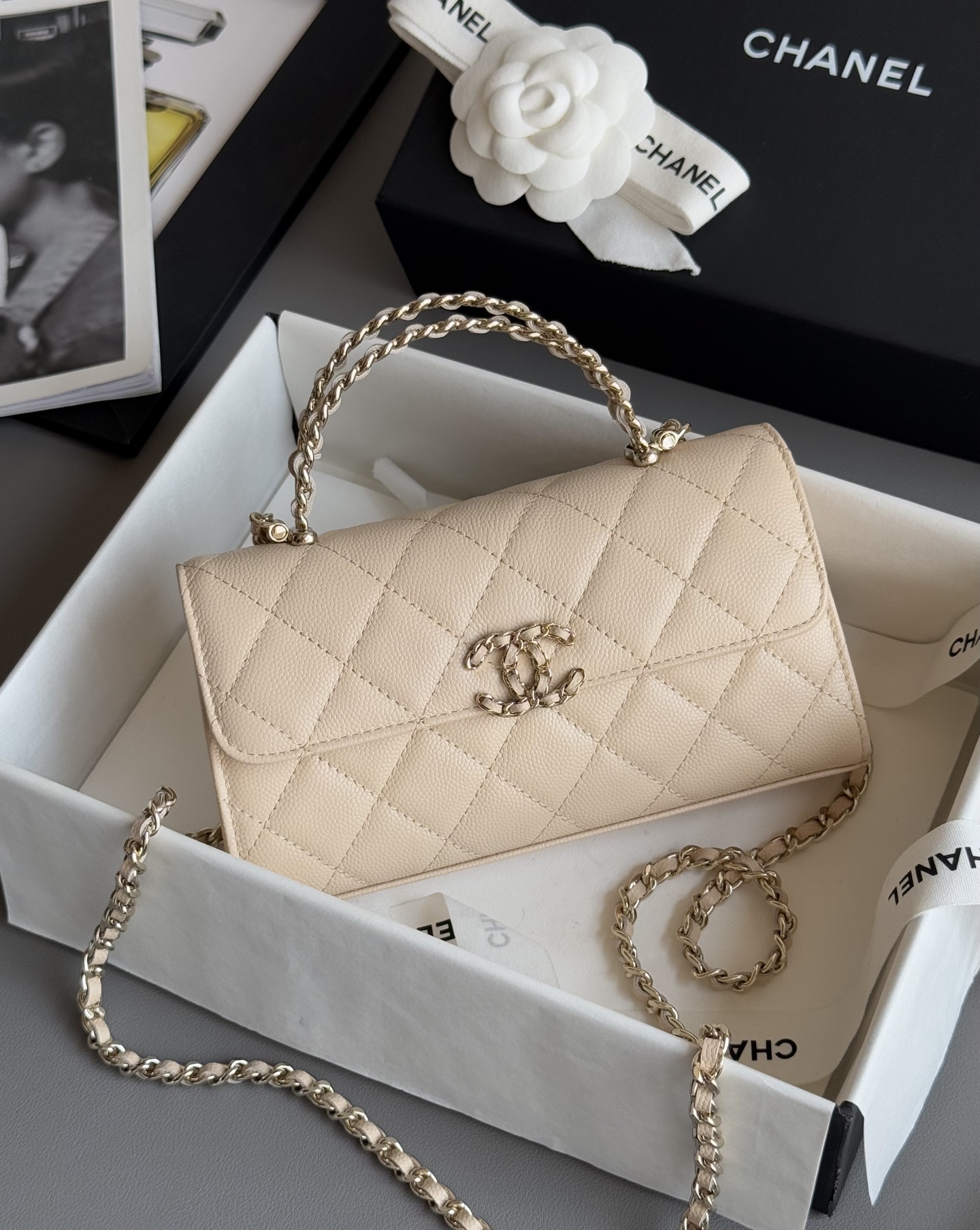 Bagsaaa Ch**el Phone Holder with Chain AP3238 Beige - 18cm