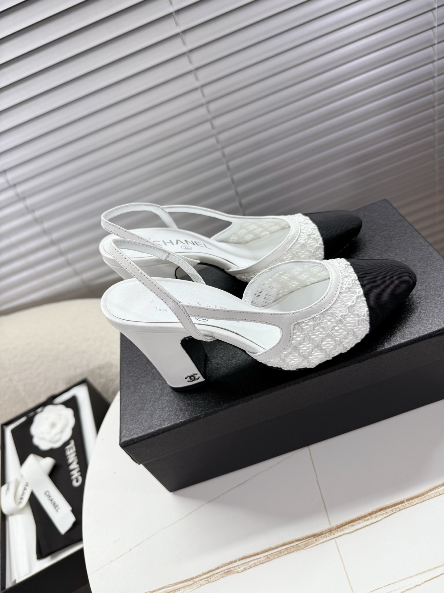 Bagsaaa Ch**el Slingbacks G45509 White Embroidery & Grosgrain