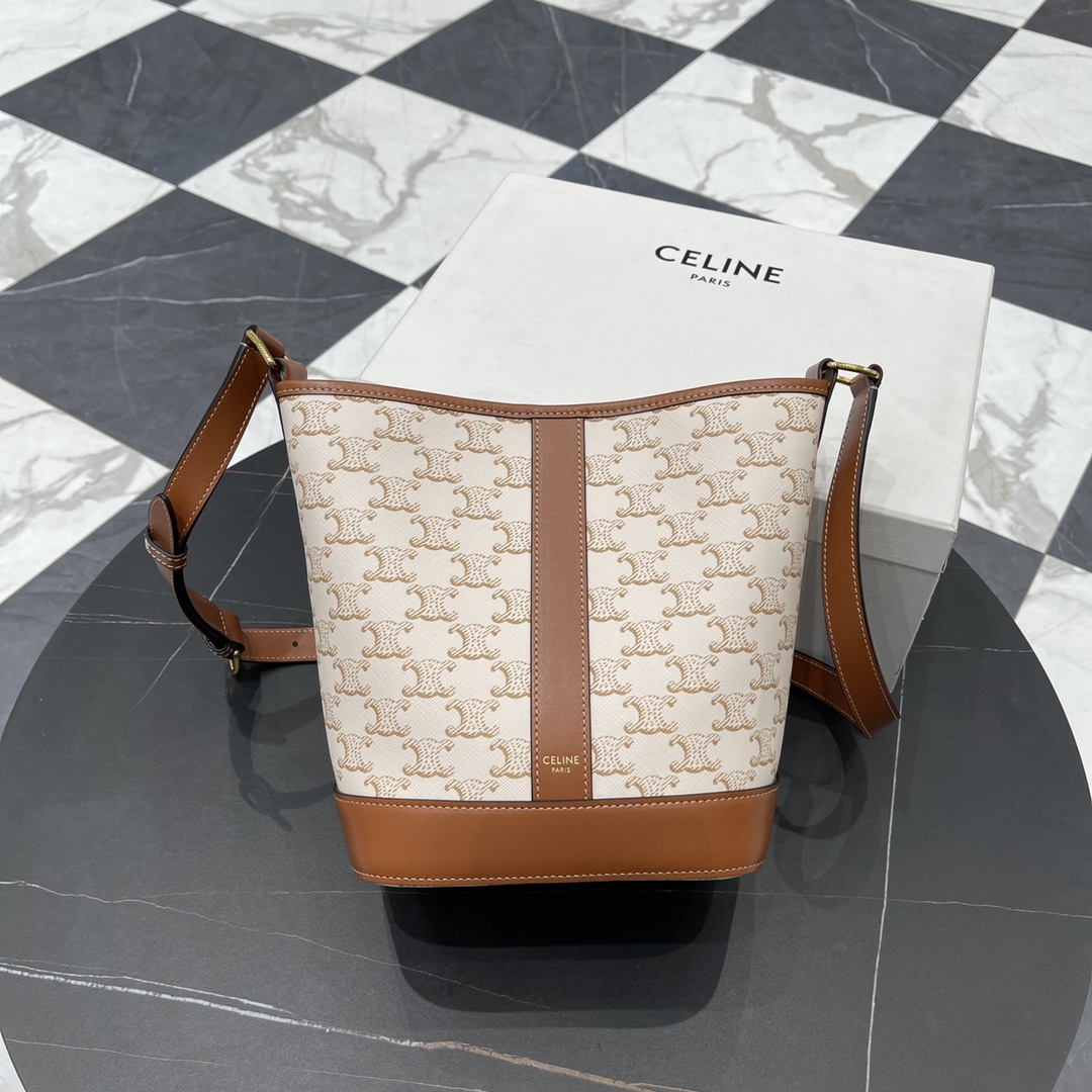 Bagsaaa Ce1i*e Small Bucket In Triomphe Canvas And Calfskin 191442 white - 22cm