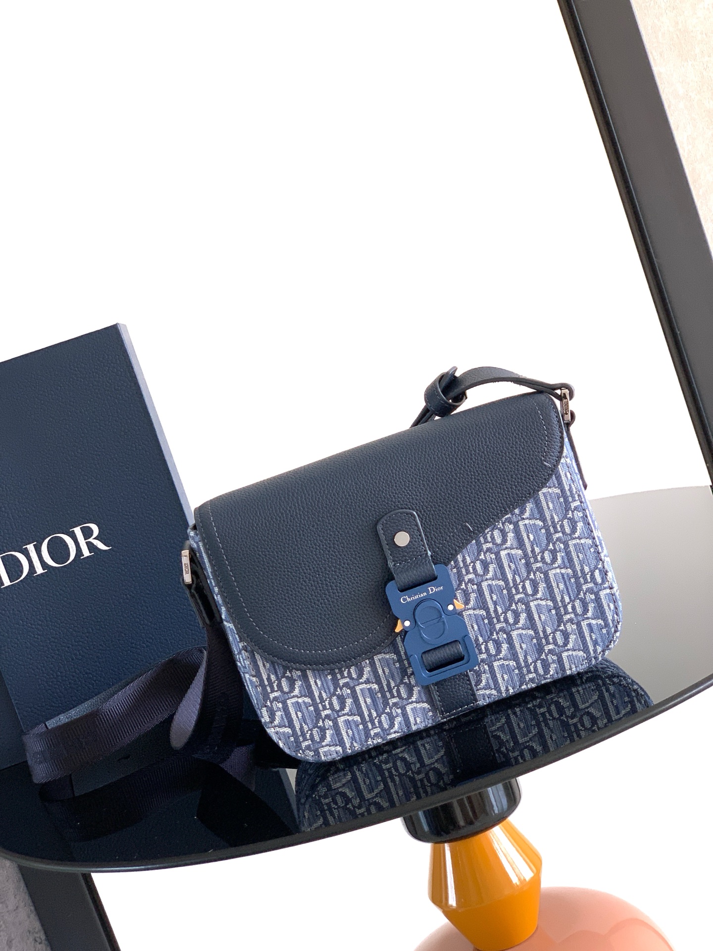 Bagsaaa D10r Small Saddle Messenger Bag with Flap Blue D10r Oblique Jacquard and Blue Grained Calfskin - 23cm