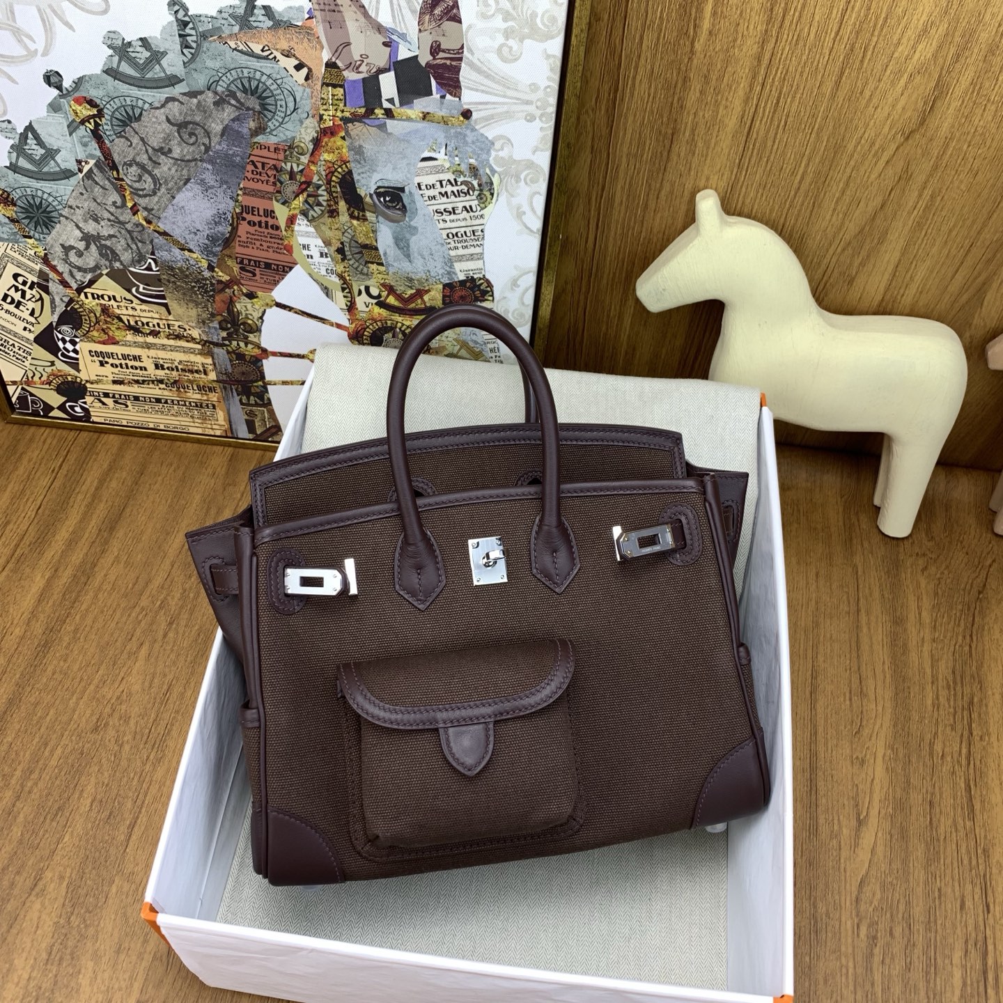 Bagsaaa H**me5 Birkin Cargo 25 handbag made of Swift leather and Toile canvas dark brown
