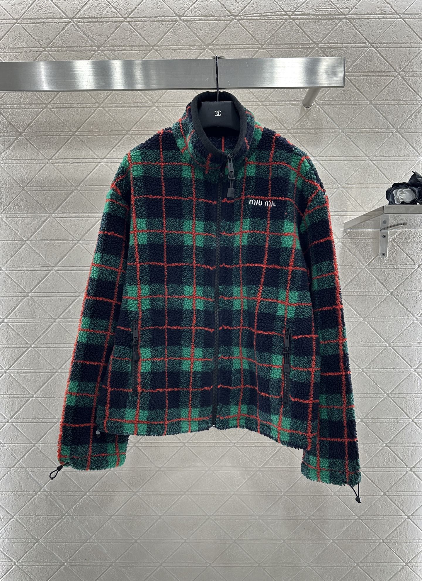 Bagsaaa Miu Miu Checked Teddy Zipper Jacket