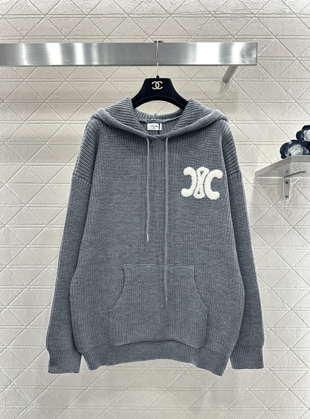 Bagsaaa Ce1i*e Homme Logo-Appliquéd Ribbed Wool Hoodie in grey